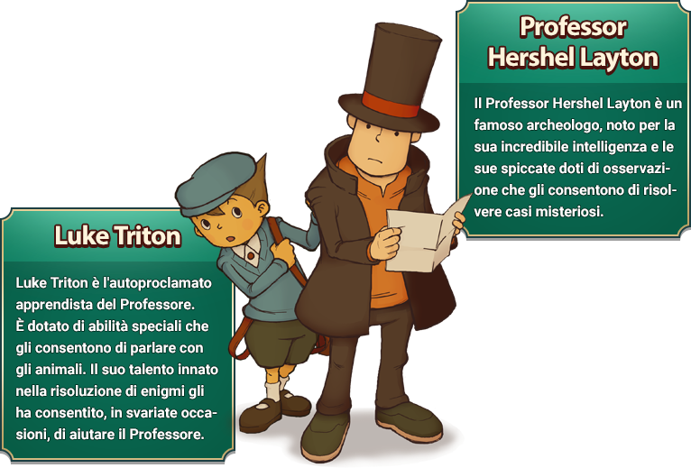 Professor Hershel Layton: Il Professor Hershel Layton è un famoso archeologo, noto per la sua incredibile intelligenza e le sue spiccate doti di osservazione che gli consentono di risolvere casi misteriosi./Luke Triton: Luke Triton è l'autoproclamato apprendista del Professore. È dotato di abilità speciali che gli consentono di parlare con gli animali. Il suo talento innato nella risoluzione di enigmi gli ha consentito, in svariate occasioni, di aiutare il Professore.